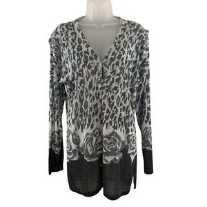 Iris Singer Cardigan Sweater Womens M/L Gray Leopard Rose Print Metallic Knit